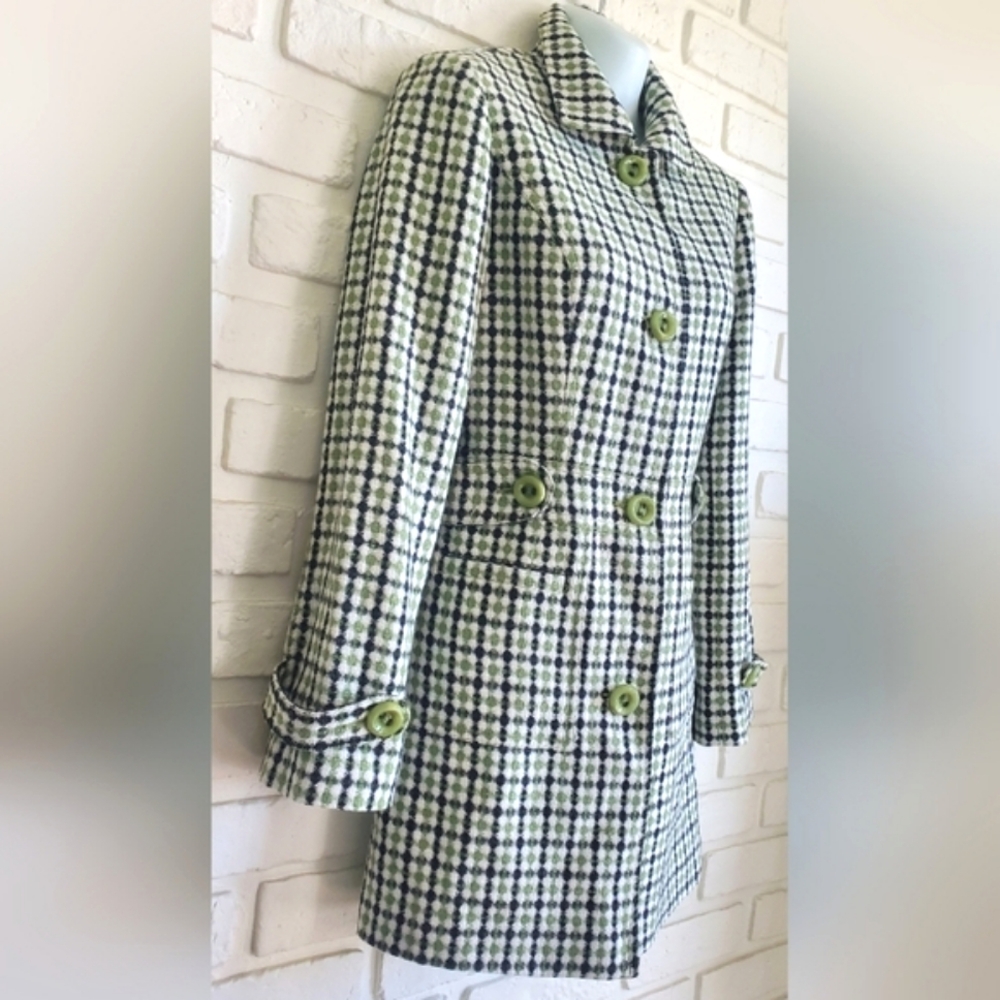 Retro Green Black Plaid 3/4 Length Tailored Coat Jacket Size Medium - Picture 12 of 16